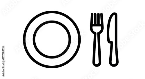 Simple dining icon: a plate with cutlery, a fork and a knife, representing a meal or food service, web design, app icon