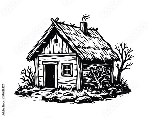 Rustic log cabin with thatched roof nestled in nature with bare trees and scattered stones