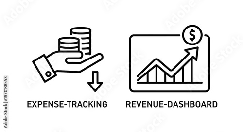 Expense tracking and revenue dashboard icons with up arrow with line art with black and white with user interface