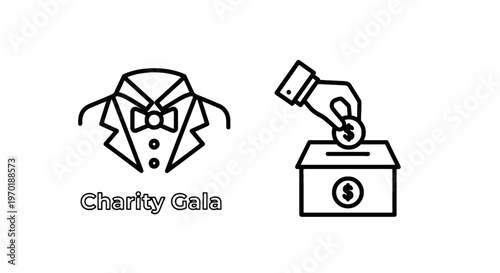 Charity gala and donation icons with bow tie with money box with line art with black and white with social issues