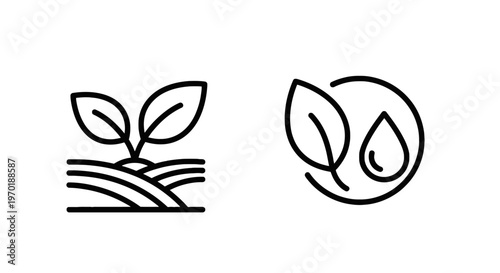 Sprout and leaf with water droplet icons with line art with black and white with eco friendly