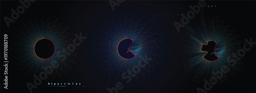 Set of circular abstract particle bursts representing data transmission and neural network activity patterns