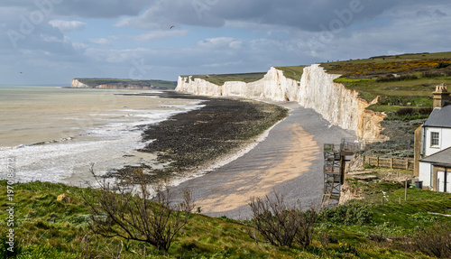 The iconic Seven Sisters Cliffs seen from the South Downs way above Birling Gap in East sussex, UK in March 2026