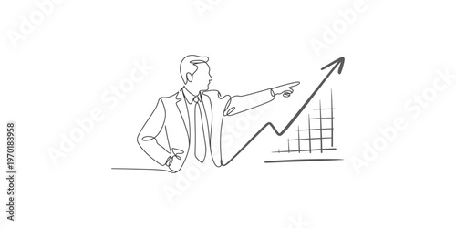 Continuous line drawing of Business professional points towards a rising graph indicating positive growth