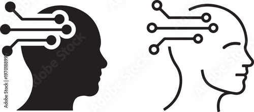 Two human head silhouettes with circuit board designs on transparent background