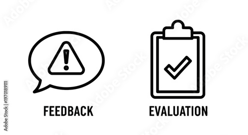 Speech bubble with an exclamation mark icon labeled 'feedback' next to a clipboard with a checkmark icon labeled 'evaluation'