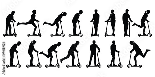 Collection of Male and Female Kick Scooter Rider Silhouettes person people