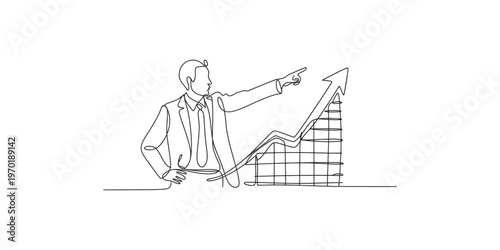 Single line drawing of A man in a suit points toward a rising graph
