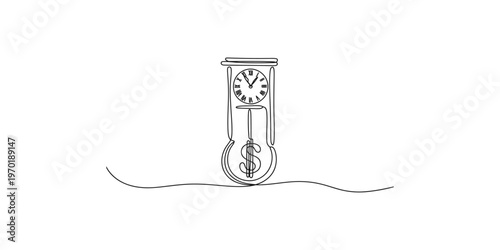 Minimalist line drawing of a grandfather clock with a dollar sign pendulum