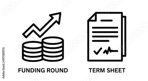 Funding round and term sheet icons with check mark with funding icon with investment icon with finance icon with business icon with money icon with deal icon
