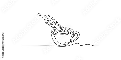 Minimalist line drawing of a coffee cup with splashing liquid