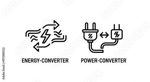 Energy converter and power plug icons with energy saving with power grid with alternating current with direct current