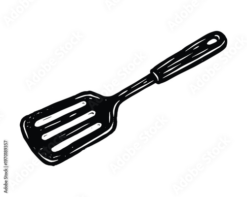 Slotted kitchen spatula hand drawn outline doodle icon, kitchenware sketch, vector illustration for cooking