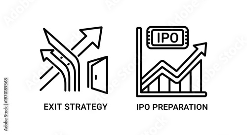 Exit strategy and ipo preparation icons with going public with business strategy with investment planning with corporate finance