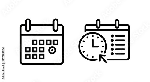 Calendar icons with clock, day planning and schedule overview, line art