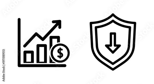 Growth chart icon and shield with downward arrow icon representing financial decline with bar chart with line graph with dollar sign with flat design