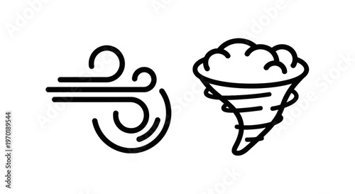 Wind and tornado icons, representing weather phenomena, line art, weather forecast, extreme weather, event