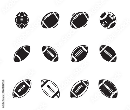 Twelve American football vector graphics showing different shapes perspectives and internal panel designs