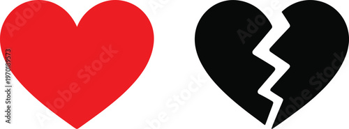 Red heart and black broken heart silhouette vector set for love divorce breakup or valentine day greeting card isolated illustration