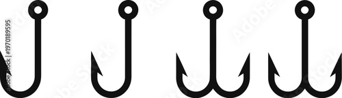 Fishing hook icon set black vector silhouette collection for angling sports hobby and fish tackle equipment isolated on white background