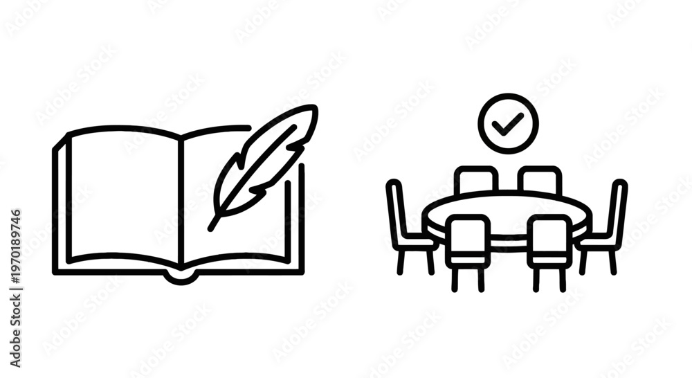 Fototapeta premium Open book with quill pen and conference meeting table with chairs and checkmark icon set for business, education, and agreement