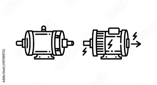 Industrial electric motors with power generation lightning bolts and output line icons with electric motor with lightning bolt with black and white