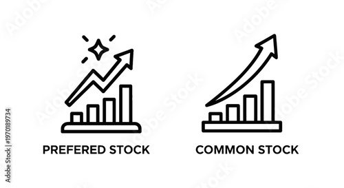 Preferred stock and common stock growth charts with upward arrows icon set representing financial investment and market success with wall street