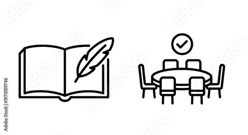 Open book with quill pen and conference meeting table with chairs and checkmark icon set for business, education, and agreement