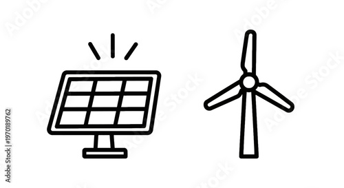 Solar panel and wind turbine icons representing renewable green energy, sustainable power generation, and environmental protection, eco friendly, power plant