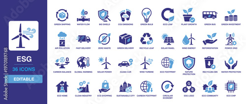 ESG solid vector glyph icon set including environmental, social, and governance icons for green investment, solar power, zero waste, reforestation, and carbon footprint.