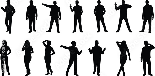 Diverse Black Silhouettes of People Posing and Pointing on White Background gesture