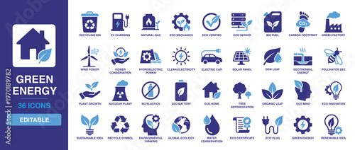 Green energy solid vector glyph icon set including solar panel, wind power, recycling bin, electric car, sustainable idea, global ecology, and hydroelectric power icons.
