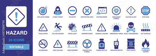 Hazard solid vector glyph icon set with warning symbols like biohazard, radioactive, high voltage, flammable, toxic waste, poison, restricted area, and caution alert icons.