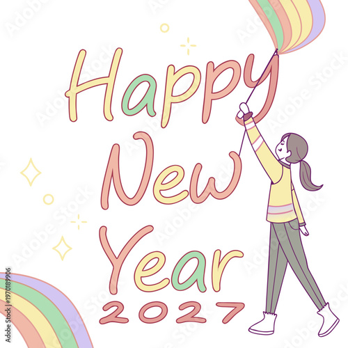 Rainbow Happy New Year 2027 Girl white background