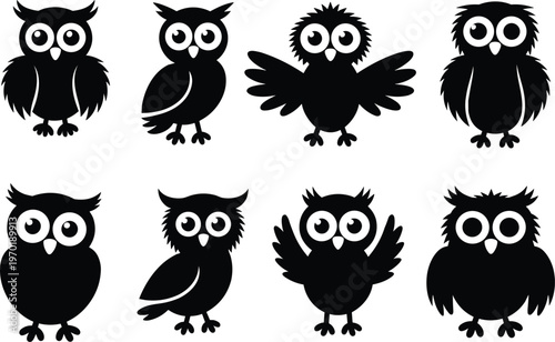 Owl silhouette collection, black bird illustration, nocturnal animal design, wildlife vector art, mysterious owl posture, educational graphic, stock image