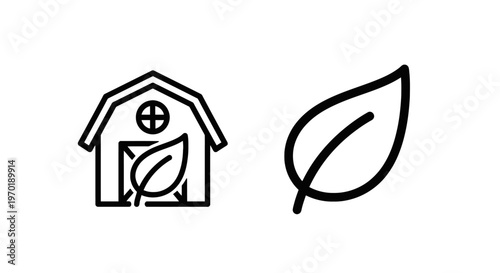 Sustainable farming barn and leaf icons representing organic agriculture and eco-friendly practices with line art with environmental protection