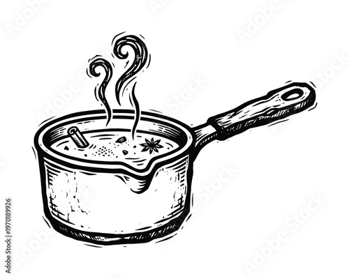 Steaming cooking pot with aromatic spices cinnamon and star anise in hand drawn woodcut style illustration