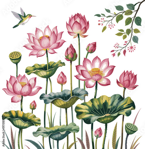 Lotus flowers with hummingbird, pink blossoms and green leaves, decorative vector artwork, modern floral illustration, nature inspired background motif