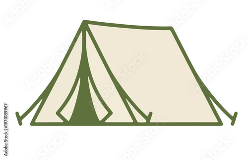 Beige and green stylized illustration of triangular camping tent with front flap and ropes in outdoor design
