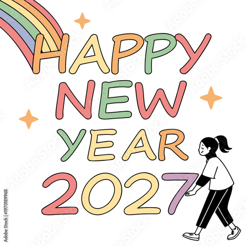 Colorful Happy New Year 2027 with girl and rainbow