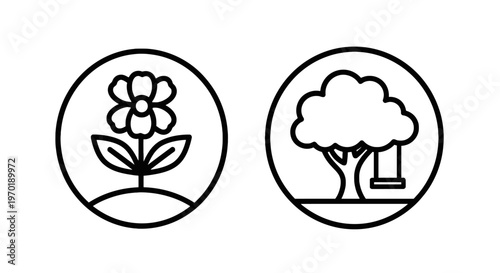 Flower icon and tree with swing icon representing nature, plants, outdoor leisure and playtime, plant life, outdoor activity, line art, web icon, app icon