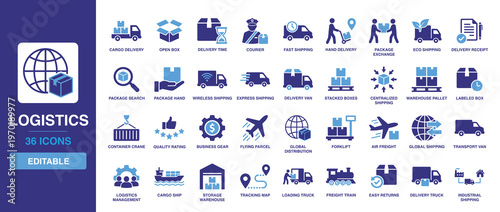 Logistics solid vector glyph icon set including cargo delivery, warehouse pallet, forklift, courier, express shipping, global distribution, tracking map, and industrial shipping icons.