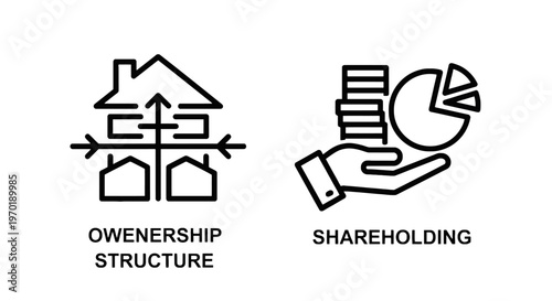 Ownership structure with interconnected houses and shareholding icon with hand, coins, pie chart, real estate, line art, web icon, app icon