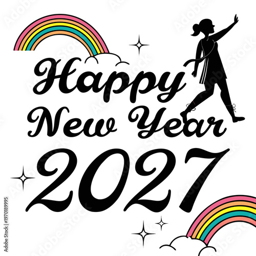 Black Happy New Year 2027 with rainbow and girl