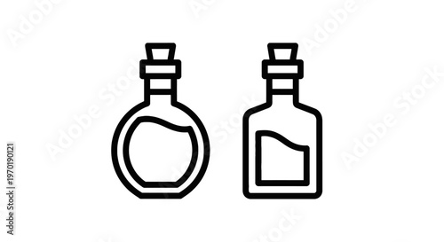 Two different shaped glass bottles with cork stoppers, one round and one rectangular, containing liquid inside, line art, white background