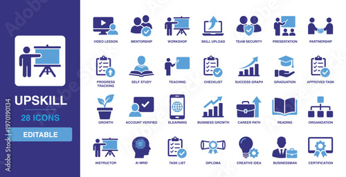 Upskill solid vector glyph icon set with video lesson, mentorship, skill development, elearning, graduation, career path, progress tracking, teaching, workshop, and business growth icons.