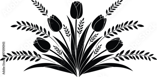 Elegant black tulip floral bouquet silhouette, decorative botanical leaves arrangement, minimalist vector illustration, nature inspired design, isolated on light background for modern branding
