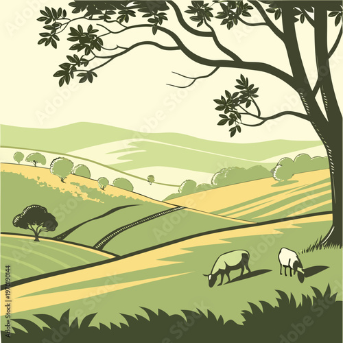 Green landscape with sheep grazing under a tree hills