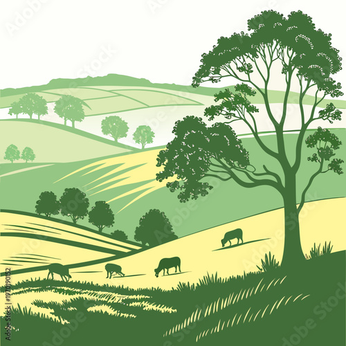 Green of cows grazing in a field countryside