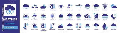Weather solid vector glyph icon set featuring rain, rainbow, sunny, thunderstorm, climate change, global warming, snow, temperature, clouds, lightning, sunset, sunrise, wind, and flood icons.